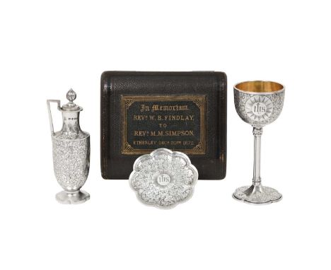 A Three-Piece Victorian Silver Travelling Communion-Set,  by Charles Reily and George Storer, London, 1839 each piece engrave