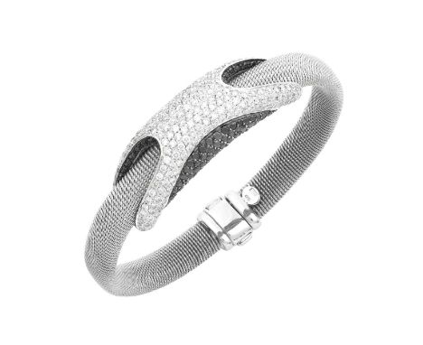 A Diamond Braceletthe domed bridge motif set throughout with round brilliant cut colourless and black diamonds, in white pavé