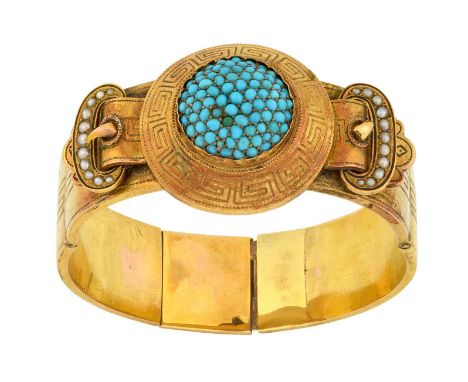 A Victorian Turquoise, Split Pearl and Enamel Banglethe central domed bombé cluster of round cabochon turquoise within a yell