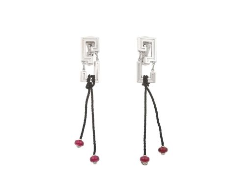 A Pair of Baiser Du Dragon Drop Earrings, by Cartierthe white plain polished openwork geometric design formed of two parts, s