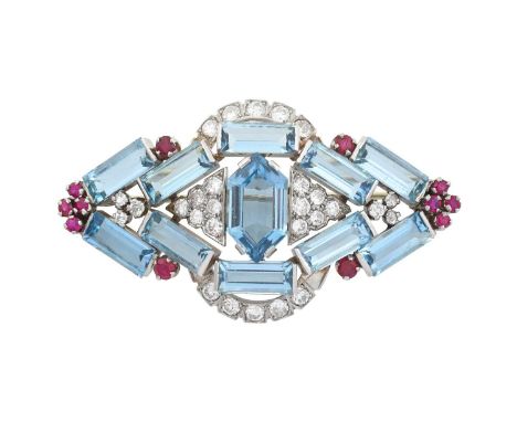 An Art Deco Style Aquamarine, Ruby and Diamond Broochmodelled as a lozenge motif, set throughout with fancy cut and rectangul