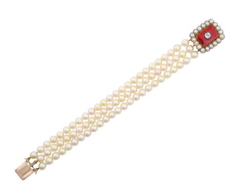 A Triple Row Cultured Pearl Bracelet, with An Enamel, Diamond and Split Pearl Claspeach row of twenty-five cultured pearls kn