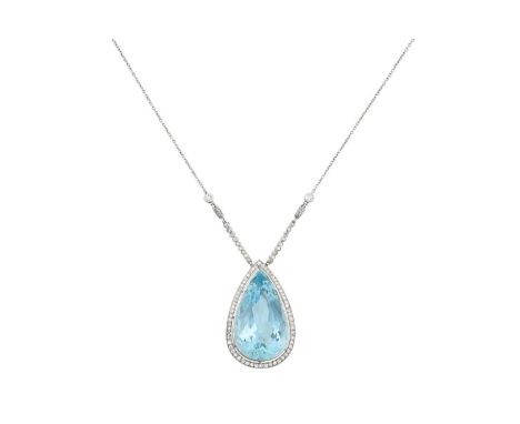 An Early 20th Century Aquamarine and Diamond Necklace the pear cut aquamarine in a white rubbed over setting, within a spaced