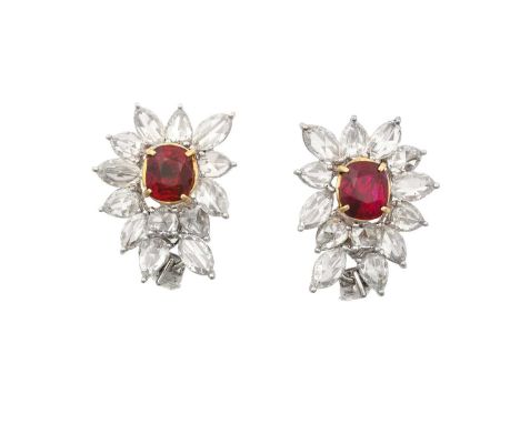 A Pair of Ruby and Diamond Spray Earrings the cushion cut rubies in yellow claw settings, to a spray border set throughout wi