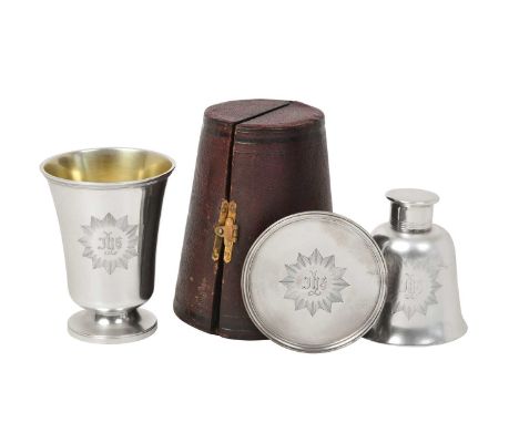 A Three-Piece Victorian Silver Travelling Communion-Set,  by Edward and John Barnard, London, 1851 each piece plain and engra