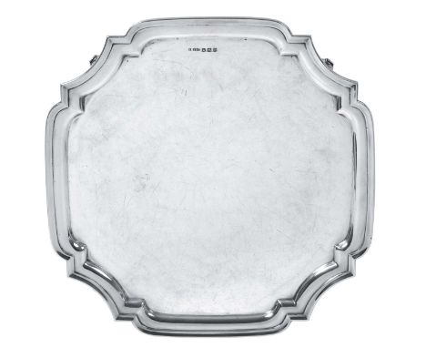 A George VI Silver Salver,  by Pinder Brothers, Sheffield, 1946 shaped square and on four leaf-capped scroll feet34.5cm squar