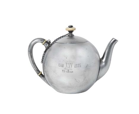 A Russian Silver Teapot,  by Khlebnikov, With Imperial Warrant, Moscow, 1885 tapering cylindrical and with loop handle, one s