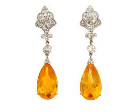 A Pair of Citrine and Diamond Drop Earringsthe fan motif set throughout with eight-cut diamonds, chain linked to a single old