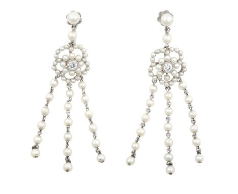 A Pair of Edwardian Pearl and Diamond Drop Earringsa cluster formed of an old cut diamond in a white millegrain setting, to a