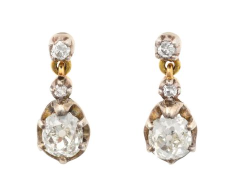 A Pair of Diamond Drop Earringsthe old cut diamond surmounted by an eight-cut and a round brilliant cut diamond, in white cla