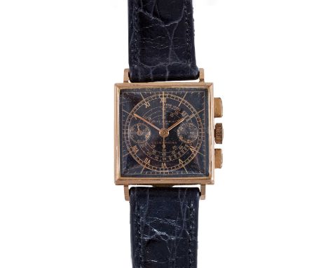 Baume &amp; Mercier: A Rare 18 Carat Rose Gold Square Shaped Chronograph Wristwatch, signed Baume &amp; Mercier, Geneve, circ