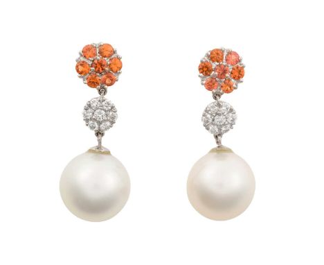 A Pair of 18 Carat White Gold Cultured Pearl, Citrine and Diamond Drop Earringsa cluster of round cut citrines suspends a clu