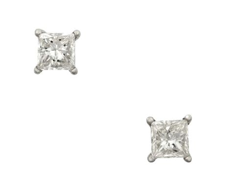 A Pair of Diamond Solitaire Earringsthe princess cut diamonds in white four claw settings, total estimated diamond weight 0.8