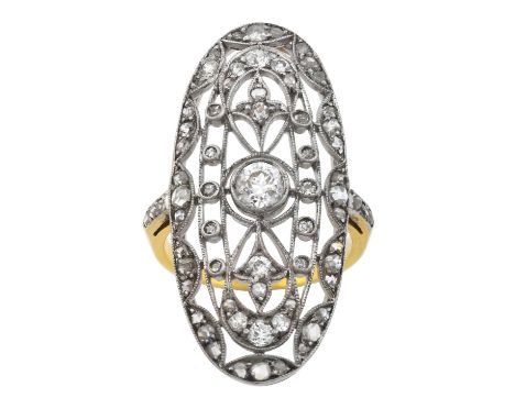 An Early 20th Century Diamond Cluster Ringthe old cut diamond flanked by rose cut and old cut diamond fleur de lys motifs, al