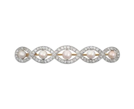 A French Belle Époque Diamond and Pearl Brooch five graduated pearls within openwork intertwined borders set throughout with 