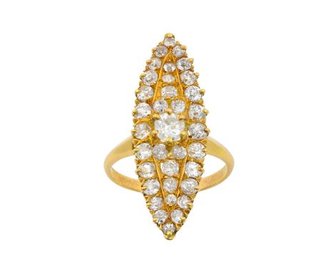 A Diamond Cluster Ringthe navette form set throughout with old cut diamonds, in yellow claw settings, to a tapered shoulder p