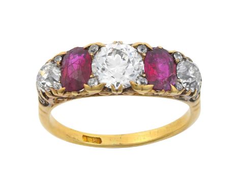 A Ruby and Diamond Five Stone Ringtwo oval cut rubies alternate with three old cut diamonds, with rose cut diamond accents, i