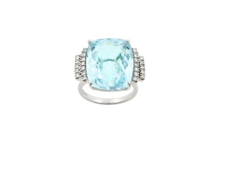 An 18 Carat White Gold Aquamarine and Diamond Ringthe rectangular cushion cut aquamarine flanked by two rows of round brillia