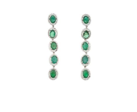 A Pair of 18 Carat White Gold Emerald and Diamond Cluster Drop Earringsfive chain linked oval cut emeralds within spaced bord