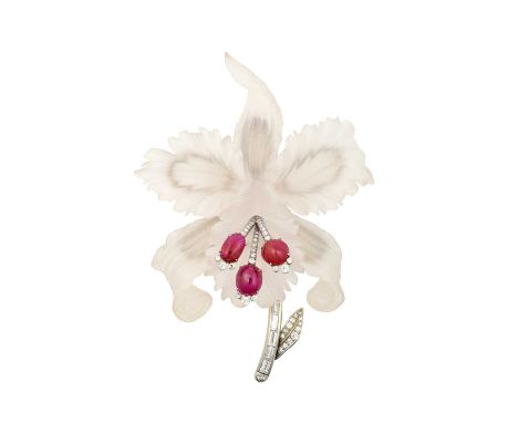 An Austrian Rock Crystal, Ruby and Diamond Brooch realistically modelled as an orchid, the carved frosted rock crystal petals