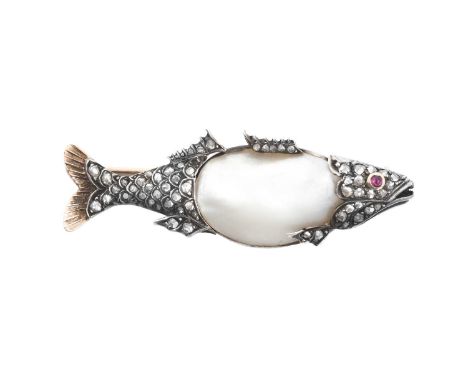 A Victorian Blister Pearl, Diamond and Ruby Fish Broochrealistically modelled as a fish with a blister pearl body, a round ca