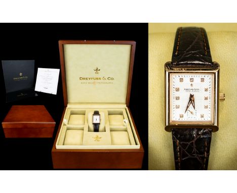 Dreyfuss & Co Ladies Handmade Swiss Rose Gold Plated Wrist Watch with Attached Original Leather Strap. Features Diamond Marke
