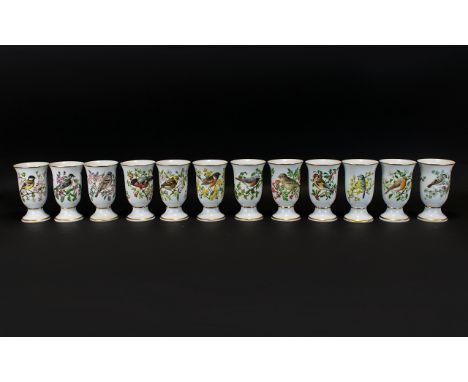 A Set of 12 Japanese Ceramic Goblets, 'Oiseaux Chanteurs De L'Europe,  all decorated with various bird and foliage design wit
