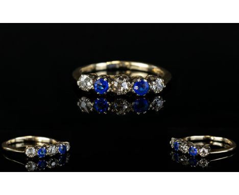 Ladies - Nice Quality 18ct Gold 5 Stone Sapphire and Diamond Dress Ring. Marked 18ct. Ring Size K. 