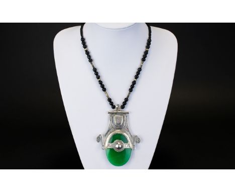 A Large Handmade Silver Jade And Hematite Statement Necklace Large Mayan style necklace comprising large polished jade disc s