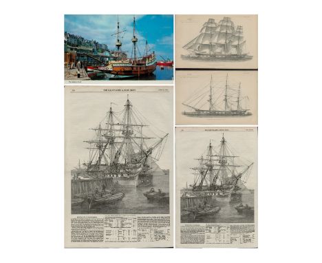 Collection of Vintage 2 x Ship Print Engineer drawing. 1 x The Golden Hind colour picture post card 5.5x3.5 Inch. 1 x The Gol