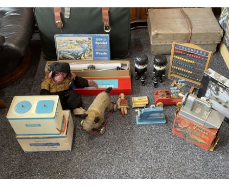 Collection of Vintage Toys to include Vulcan Sewing Machine, Hoovermatic Washing Machine, Puzzles and other. Suitcases are no