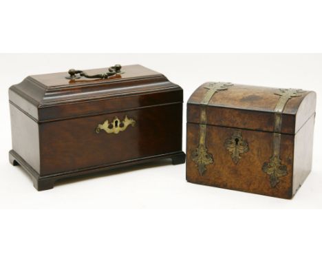 An 18th century Chippendale mahogany tea caddy, with moulded top, opening to reveal two zinc cannisters within and on short b