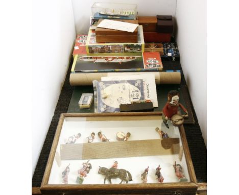 A quantity of toys and games, to include a clockwork monkey playing the drums, 10 cm high