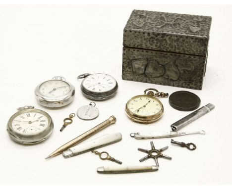 A hallmarked silver Benson pocket watch, with subsidiary seconds dial, three other pocket watches, a silver and mother of pea