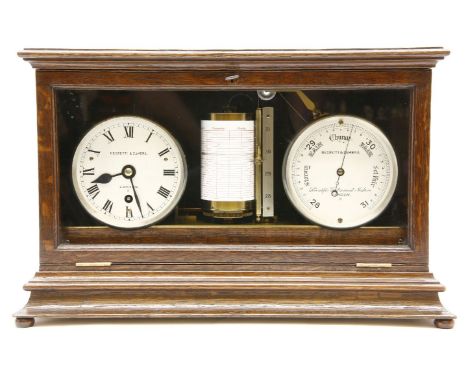 An early 20th century oak cased combination clock, barometer and barograph, by Nagretti and Zambra, the silvered dials with b