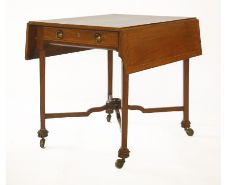 A satinwood and mahogany Pembroke table, the strung and crossbanded satinwood drop-leaf top over a single drawer, on a mahoga