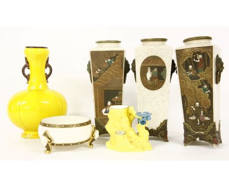 Three Royal Worcester Japanese vases, damaged, a flower rock, a low comport, and a Minton vase