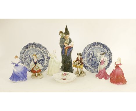 A Royal Doulton figure, 'The Wizard', HN 2877, 25cm high, four Coalport figures, 13cm high, two Sitzendorf figures, 12cm high