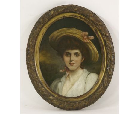 Portrait of Lady in Straw Hat, oil, with monogram and inscribed reverse, oval, 50 x 40cm