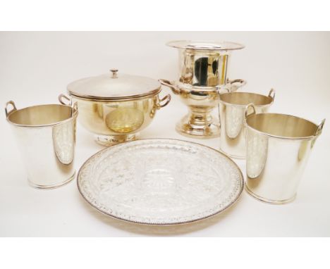 A large quantity of silver plated wares, to include a twin handled wine cooler of urn form, ice pails etc* This lot will be s