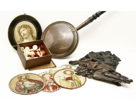 A 19th century carved and stained bone chess set (af), together with a Victorian copper warming pan, three carved walnut appl