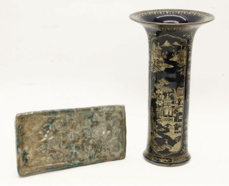 A 19th century Chinese powder blue and gilt decorated sleeve vase, with flaring rim decorated with landscape scenes within pa