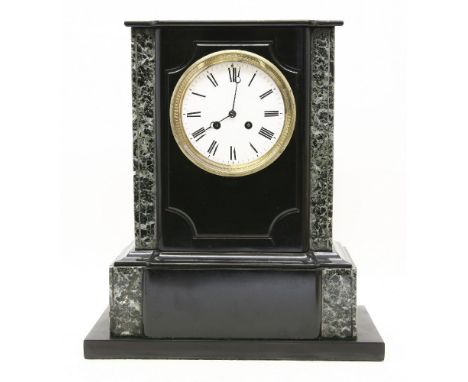 A Victorian black slate and variegated marble mantle clock, 37.5cm high