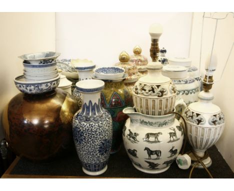 A large quantity of various decorative ceramics, to include a transfer printed jug, decorated all over with animals, together