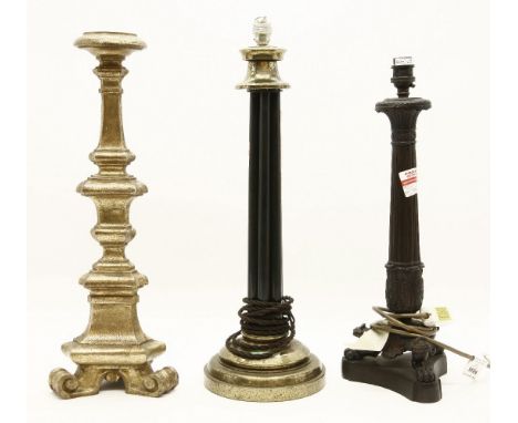 A Regency style bronzed table lamp of classical form, on triform base and paw feet, 40cm tall, together with a further bronze