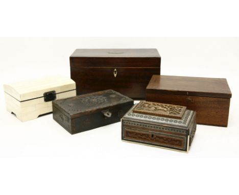 A quantity of various boxes to include a Regency mahogany tea caddy, a small Indian sandalwood and inlaid casket, a bone clad