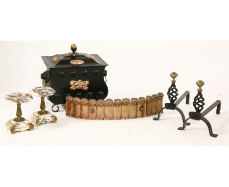 Fireplace items: a coal bin, copper fender, pair of iron dogs and a pair of marble urn clock ornaments