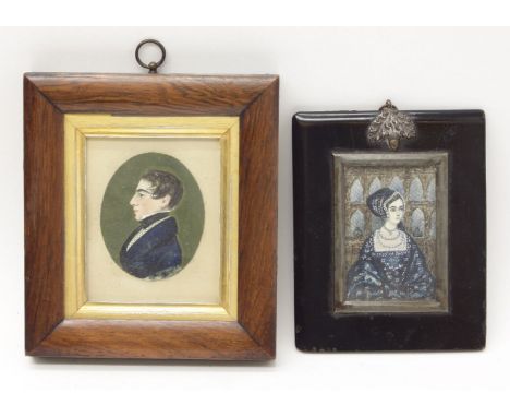 A 19th century miniature portrait of a gentleman, and a miniature of a medieval woman