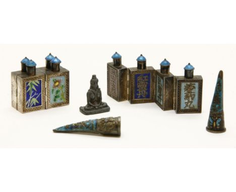 Two Chinese quadruple hinged snuff/scent bottles, coloured enamel and silver,and a pair of enamelled white metal finger nail 