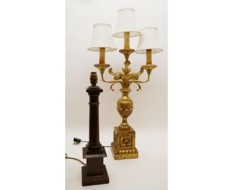 A pair of Georgian style gilt three light table lamps, with vase shaped supports on square bases, 75cm high, together with a 